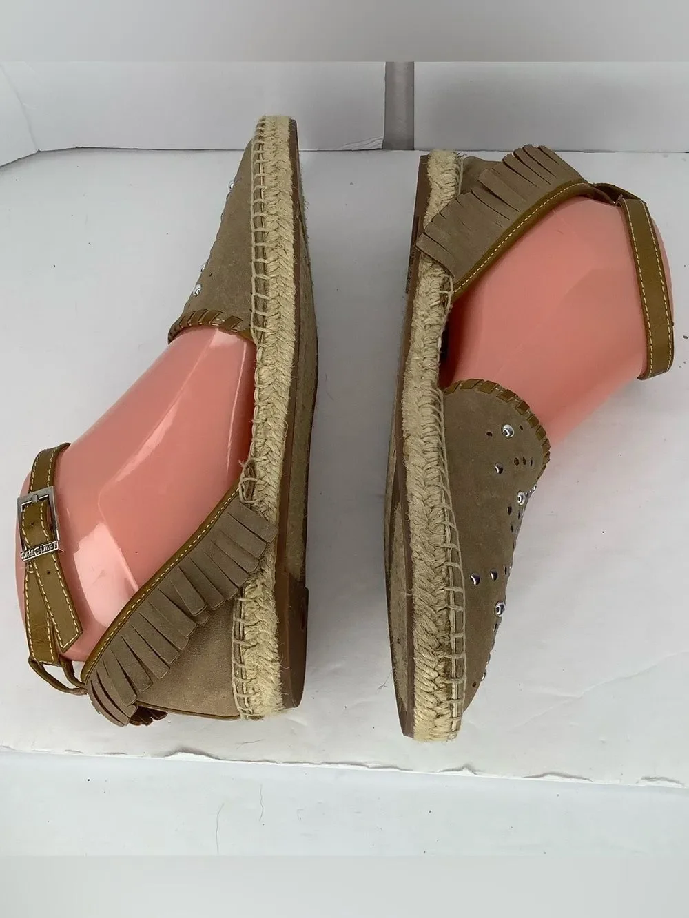 Sam & Libby Taupe Suede Espadrille Sandals Ankle Strap Stud Accents Sz 7